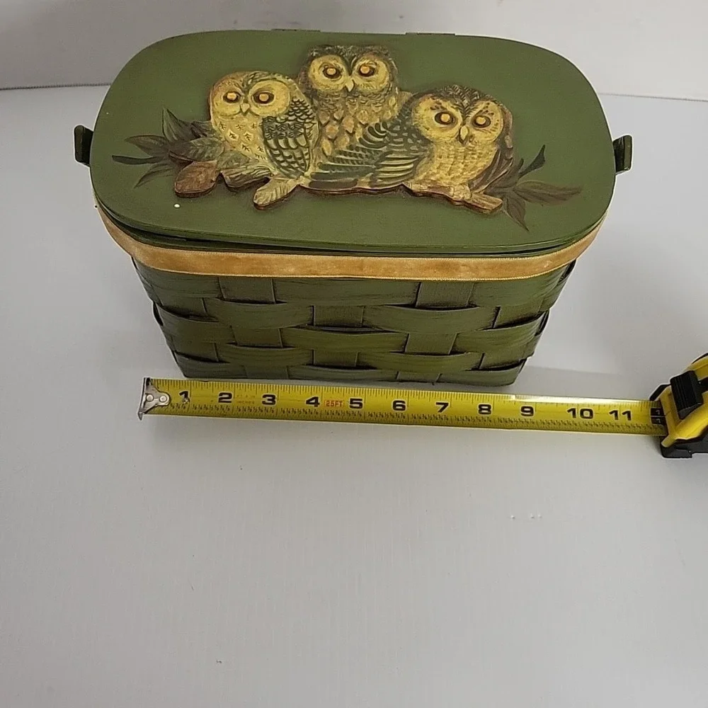 Three Owls Wooden Basket Lid Lined Vintage Purse Signed